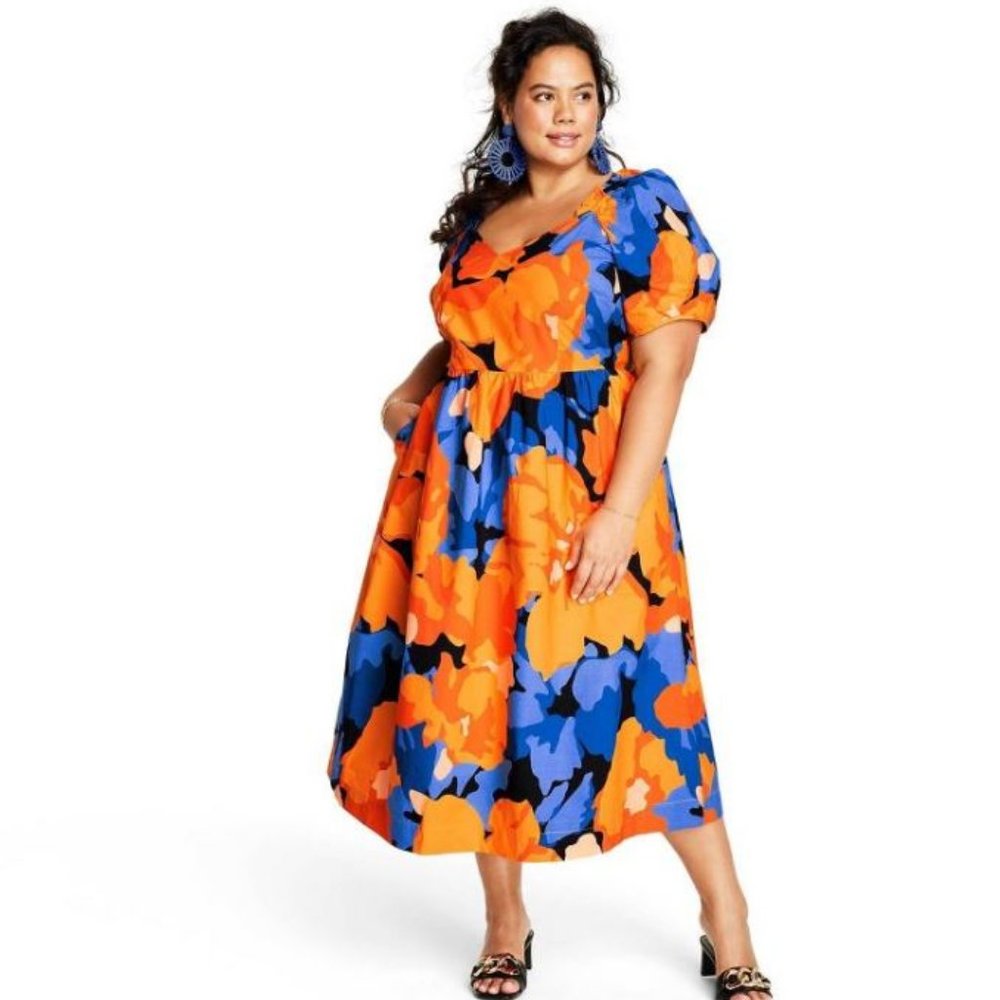 NWT 28W Tabitha Brown Floral Print Puff Sleeve Tie-Back Midi Dress